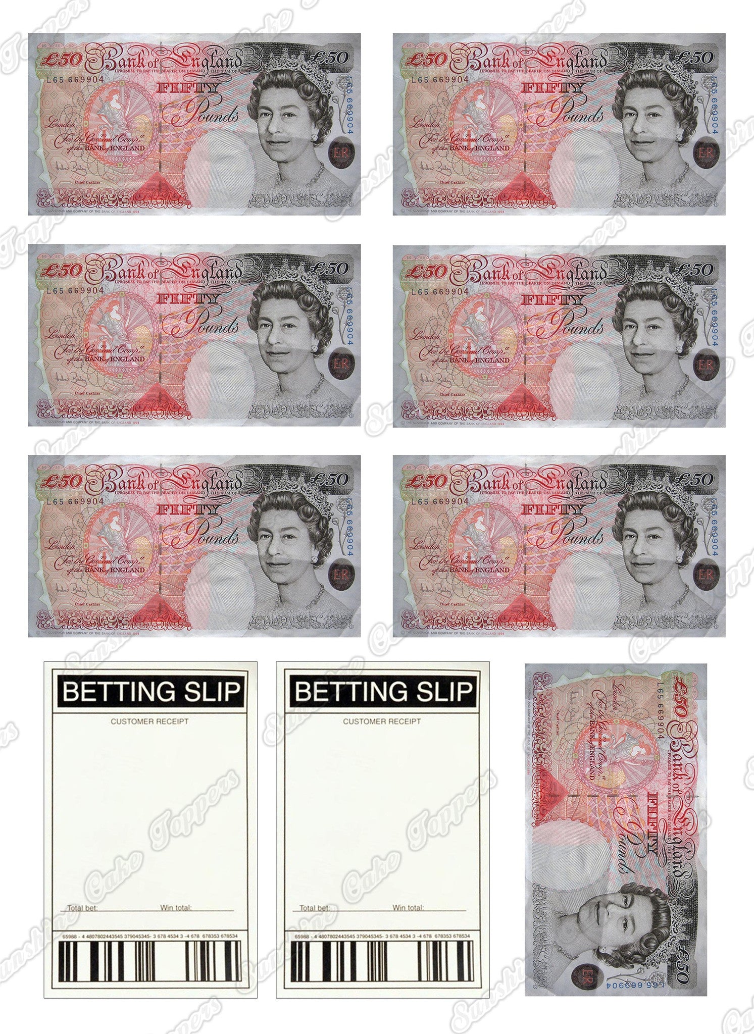 Money £50 Note & Betting Slip Cake Toppers